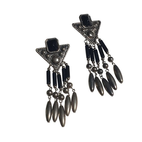 Vintage Long Dangle Earrings Black Silver Tone Geometric Western Jewelry Post - Picture 1 of 6